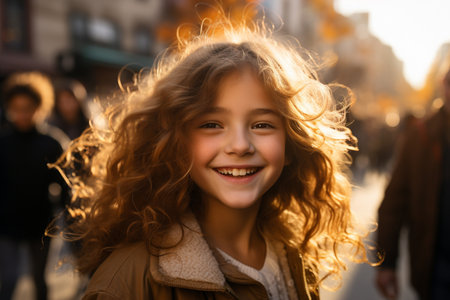 Happy school girl with backpack portrait outdoors. Portrait of schoolchild at autumn at the streetの素材