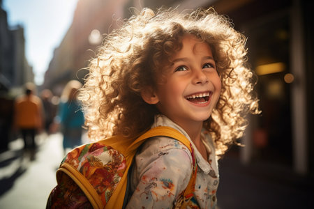 Happy school girl with backpack portrait outdoors. Portrait of schoolchild at autumn at the streetの素材