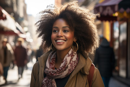 pretty woman with curly hair smiling crossing the streetの素材