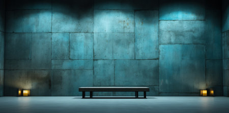 Blue theatrical beams of overhead light illuminating an empty dark stage. Bright neon spotlights and smoke on a black studio background. Light show, disco club lights.の素材