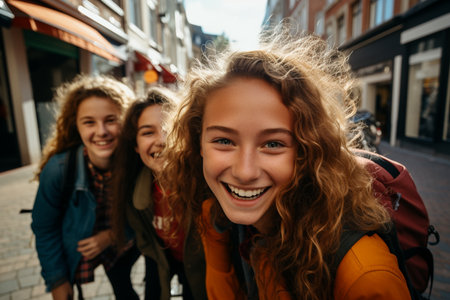 Happy teenage girls on the city streetの素材