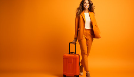 Full length photo of attractive business lady hold big rolling suitcase have corporate trip wait registration wear high-heels isolated yellow color backgroundの素材