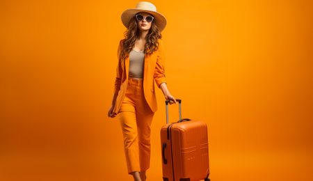 happy stylish female traveler in straw hat standing with wheeled bag on yellow backgroundの素材