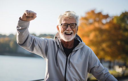 Portrait of happy smiling senior man in parkの素材