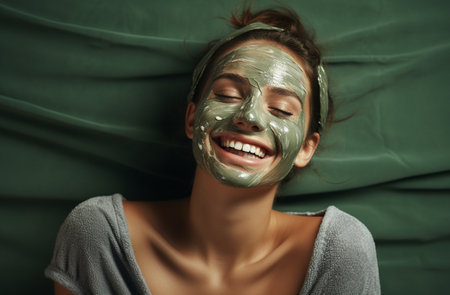 woman relaxes in the mask with green clay and cucumberの素材