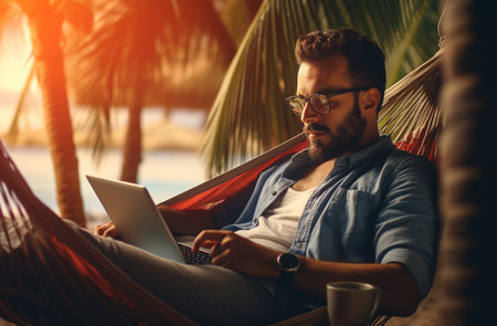 Man working with laptop on beach. Space for textの素材