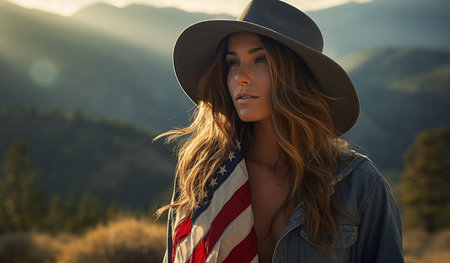 Beautiful Young Woman with USA Flagの素材