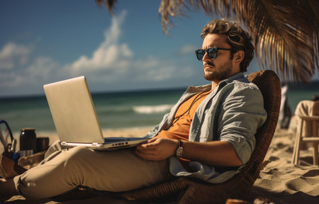 Man working with laptop on beach. Space for textの素材