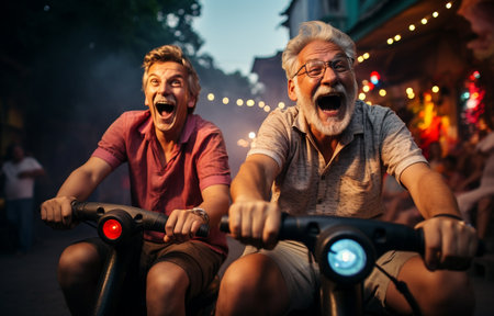 A stylish senior Caucasian couple is out in the city enjoying their retirement days by riding electric bicycles and an electric scooter.の素材
