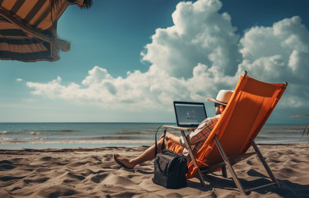 Man working with laptop on beach. Space for textの素材