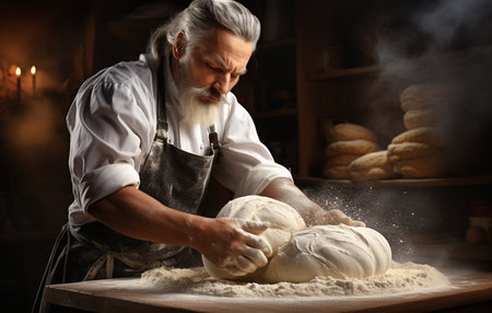Man preparing buns at table in bakery, Man sprinkling flour over fresh dough on kitchen tableの素材