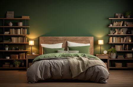 Luxury dark bedroom. Green bed. Blank or mockup interior design. 3d renderingの写真素材