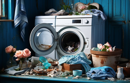 Modern washing machine with laundry near color wallの素材