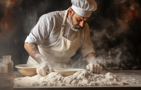 Man preparing buns at table in bakery, Man sprinkling flour over fresh dough on kitchen tableの素材