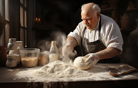 In an artisan bakery, a baker prepare the bread dough. The morning sun comes in through the windowの素材