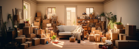 Computer on wooden working table with package product box delivery background in room in apartment indoor with copy free space. Startup small business SME conceptの素材