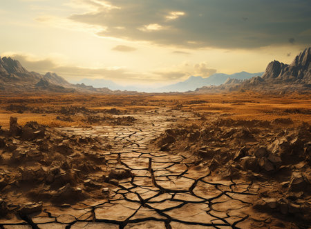 Global warming concept . Dry cracks in the land, serious water shortages. Drought concept.の素材