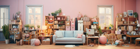 Computer on wooden working table with package product box delivery background in room in apartment indoor with copy free space. Startup small business SME conceptの素材