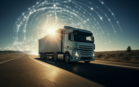 White big truck moving on highwayの素材