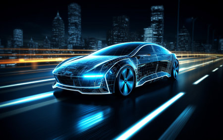 Speeding Sports Car On Neon Highway. Powerful acceleration of a supercar on a night track with colorful lights and trails. 3d renderの素材