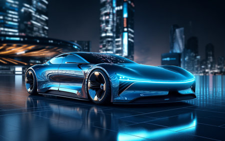 3D Car Model: Sports Car Driving at on a Wet Road on High Speed, Racing Through the Colorful Tunnel With Lights Reflecting Everywhere. Dark Supercar Driving Fast on Highway. VFX Edit.の素材
