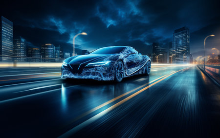 Speeding Sports Car On Neon Highway. Powerful acceleration of a supercar on a night track with colorful lights and trails. 3d renderの素材