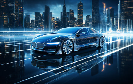 3D Car Model: Sports Car Driving at on a Wet Road on High Speed, Racing Through the Colorful Tunnel With Lights Reflecting Everywhere. Dark Supercar Driving Fast on Highway. VFX Edit.の素材