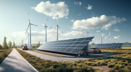 Solar panels and wind turbines. Energy conceptの素材