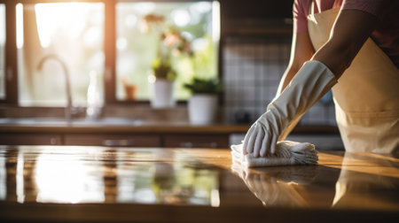 close up of female hand wiping surface in household kitchenの素材