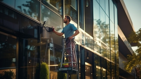 Window washing on a high-rise building using a hydraulic tower.の素材