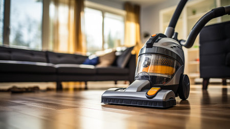 Young woman in casual clothes cleaning floor using vacuum cleaner and cleaning equipments in living room at home. Housekeeping concept.の素材
