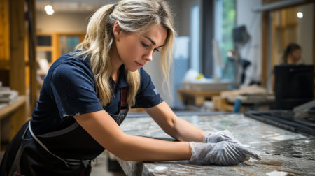 Beautiful young woman in an apron is engaged in pottery a potters wheel, hobby art craft conceptの素材