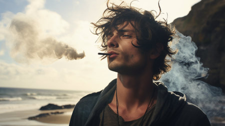 Handsome young man smoking cigaretteの素材