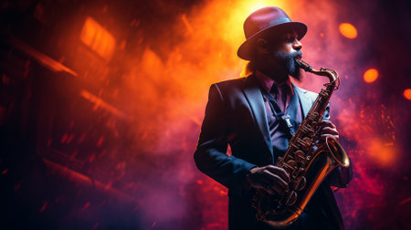 Side view of an African American man playing saxophone against smoky backgroundの素材