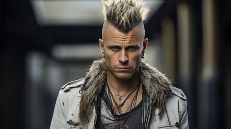 Profile shot of a middle aged punker with a mohawkの素材