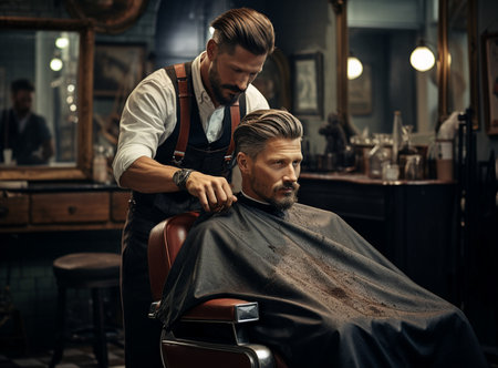 Good looking young adult man getting a hair and beard styling and dressing treatment by professional hairstylist.の素材