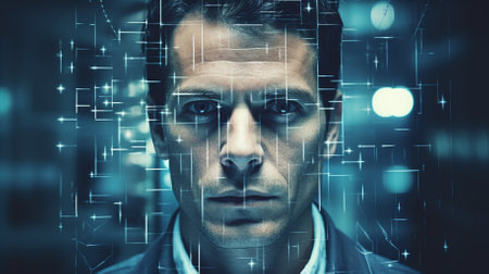 Young man being scanned and digitally analyzedの素材