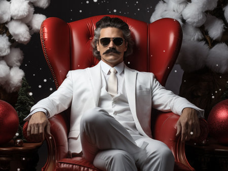Christmas, New Year and Fashion. An elegant Santa Claus with a beautiful festive beard and mustache sits in an armchair in a stylish suit. Red backgroundの素材