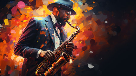 Stylish jazz band playing music on the scene, background is brown. Palette knife technique of oil painting and brush. The jazzman plays the saxophone.の素材