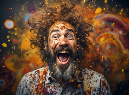 Crazy Bearded happy Man with funny Haircut in Eyeglasses. Cheerful and silly guyの素材