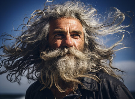 Senior man with long hair and beardの素材