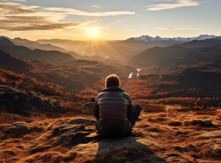 A young man enjoying looking at the stunning scenery on the high mountain before sunset.の素材