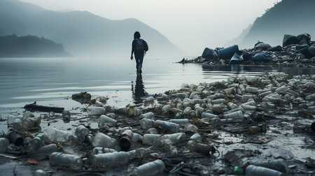 Water pollution in river with trash.の素材