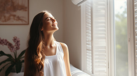 Side view portrait of a woman in a house window breathing fresh airの素材
