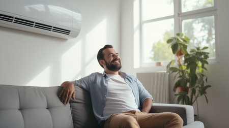Happy young man in room with operating air conditionerの素材