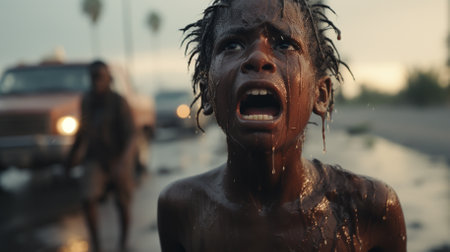 A boy with a face covered in mudの素材