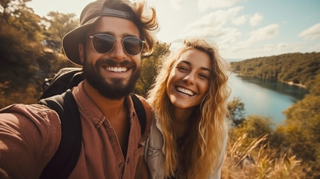 Caucasian husband and wife taking selfie standing on top of mountain smiling while sun sets behindの素材