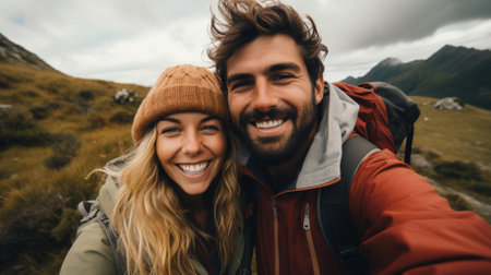 Caucasian husband and wife taking selfie standing on top of mountain smiling while sun sets behindの素材