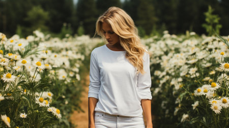 beautiful blonde girl in a field of daisies. wreath of wildflowers on his head. woman in a blue dress in a field of white flowers. charming girl with a bouquet of daisies. summer tender photoの素材