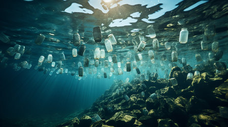 assorted trash sinking into the ocean contaminating the water. mixed media 3D illustration, renderingの素材